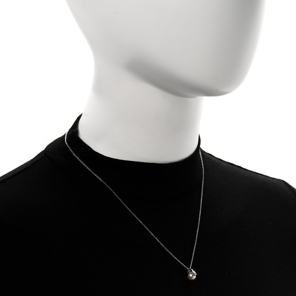 18K White Gold Diamond Cultured Pearl 6.5-7mm Tiffany Signature Pearls Pendant Necklace