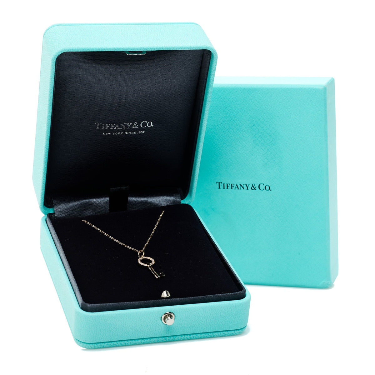 18K Rose Gold Diamond Modern Keys Round Open Key Pendant Necklace