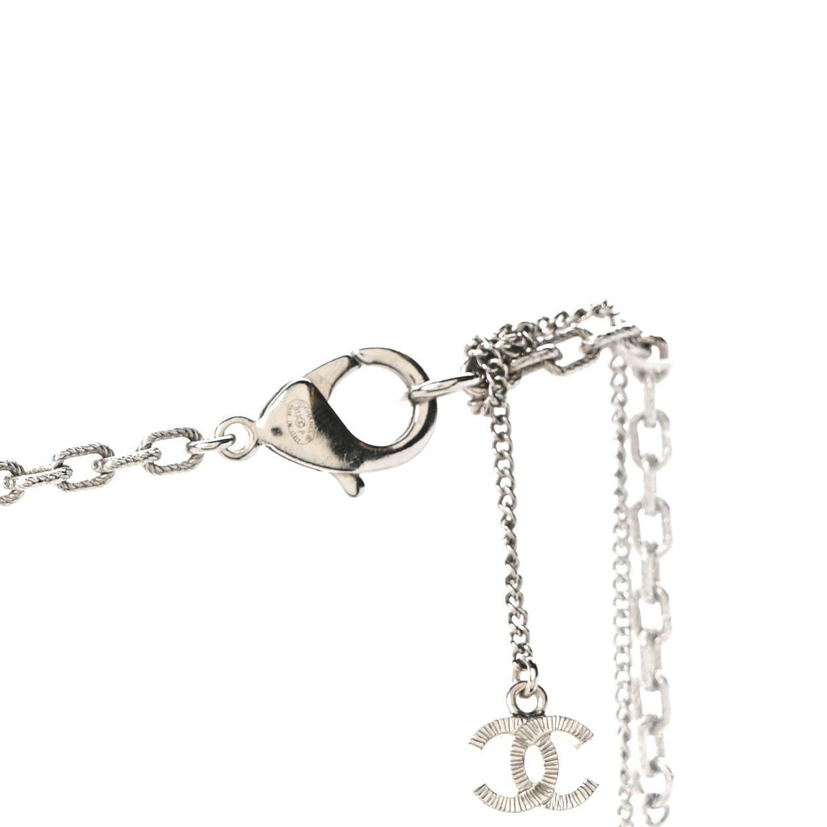 Graduated Pearl Crystal CC Long Necklace Silver