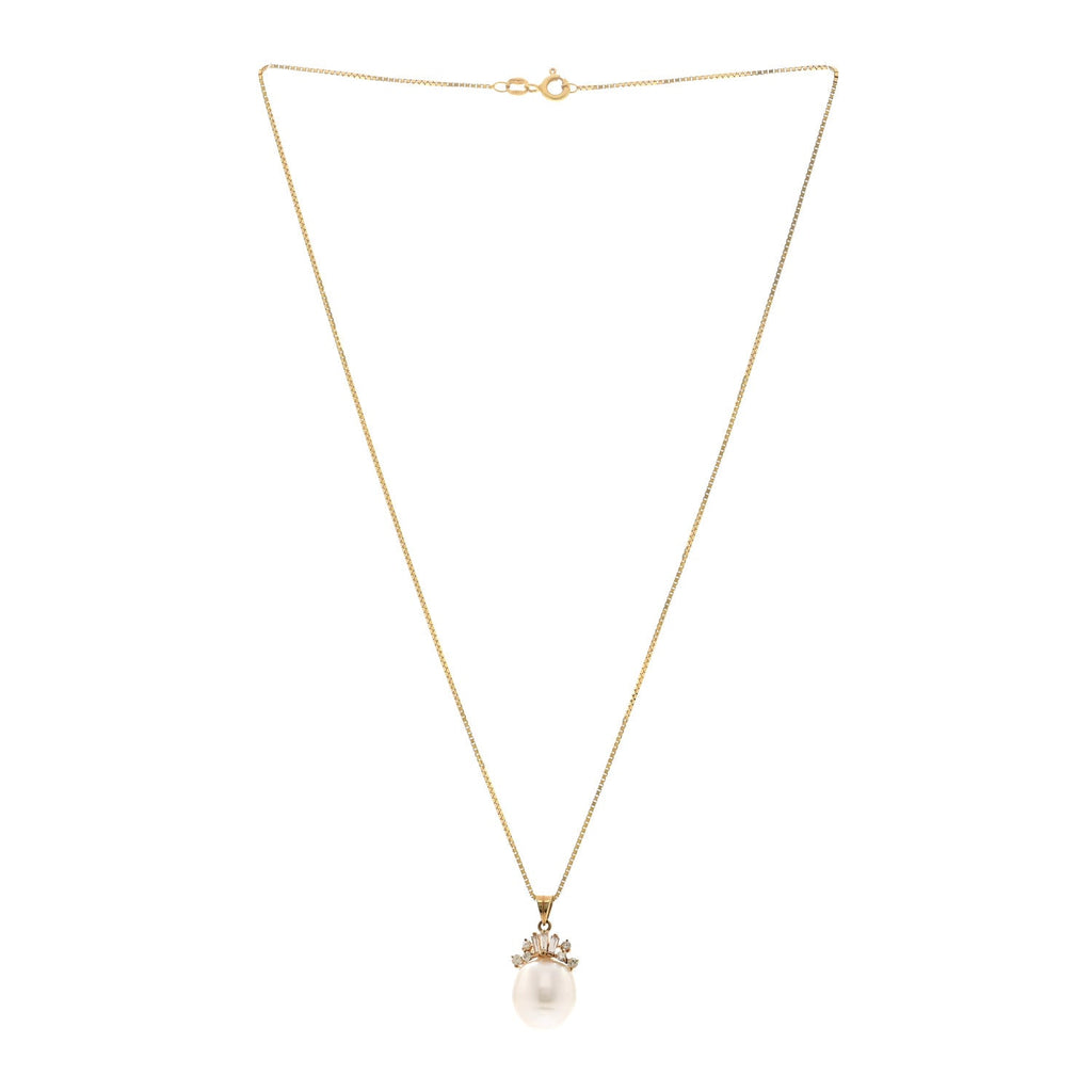 14K Yellow Rose Gold Diamond Cultured Pearl Pendant Necklace