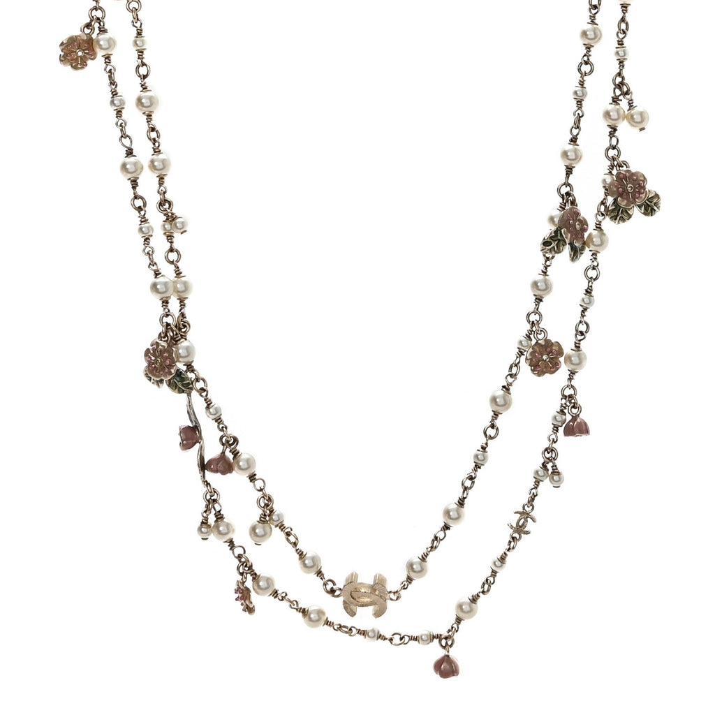 Pearl Enamel CC Camellia Long Necklace Gold Beige Pink