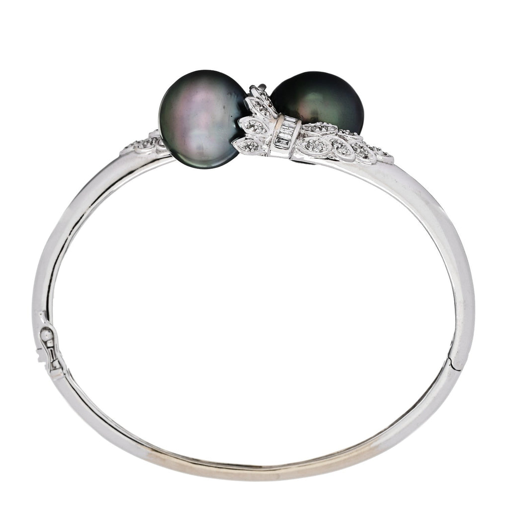 14K White Gold Diamond Black Cultured Pearl .64ct Bypass Bracelet