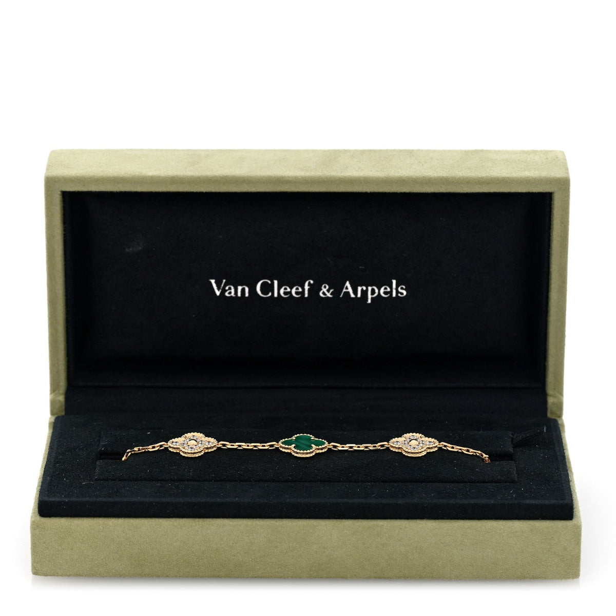 18K Yellow Gold Diamond Malachite 5 Motifs Vintage Alhambra Bracelet