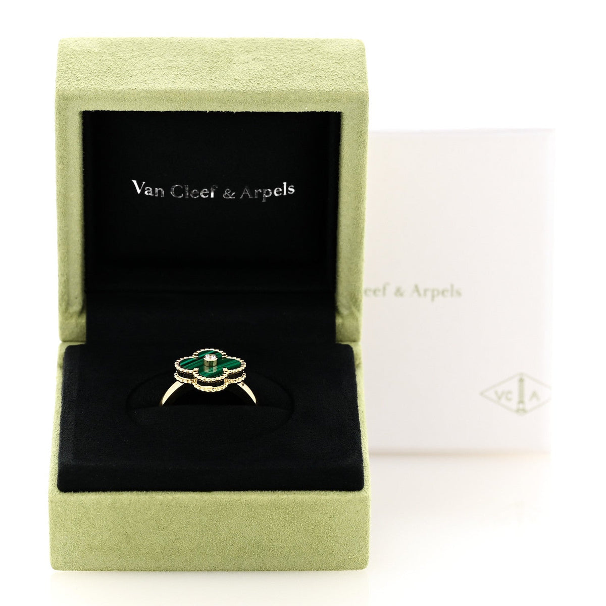 18K Yellow Gold Diamond Malachite Vintage Alhambra Ring 57 8