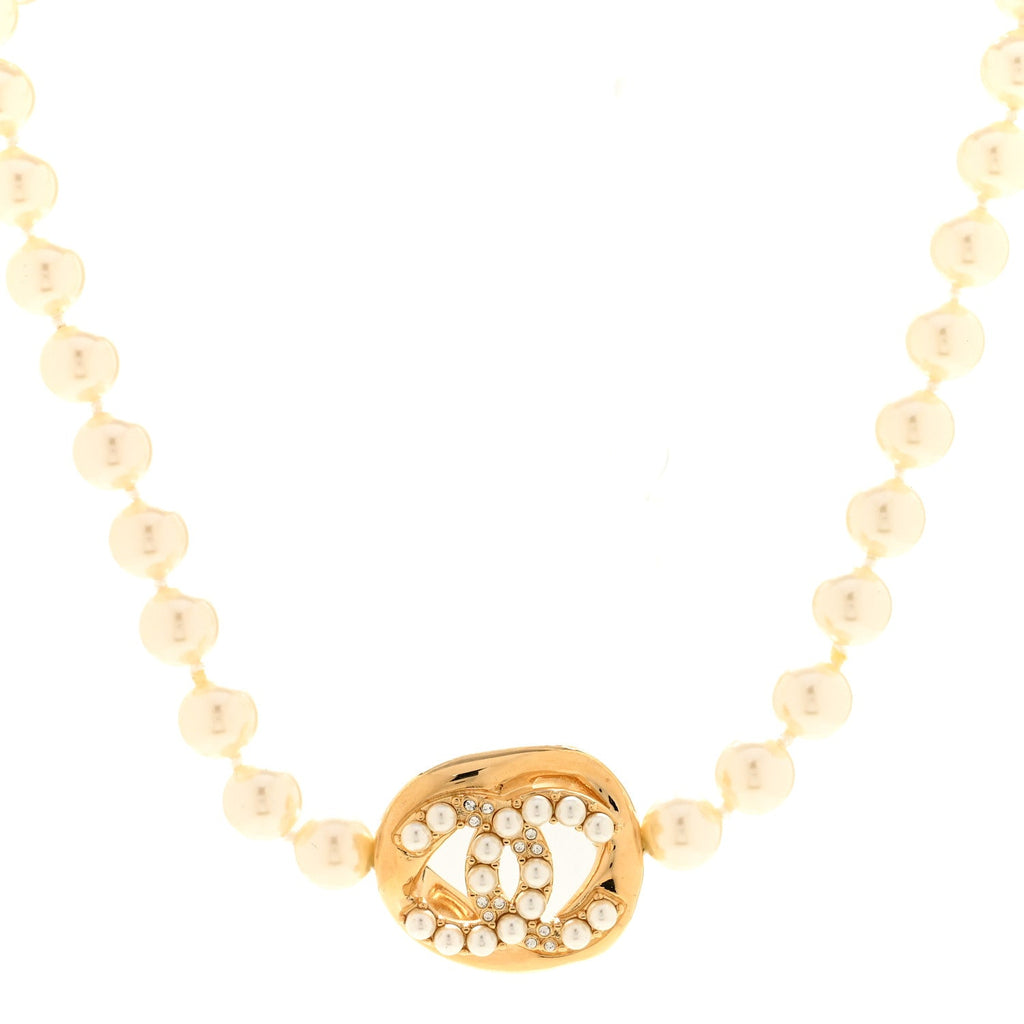 Pearl Crystal CC Logo Choker Gold White