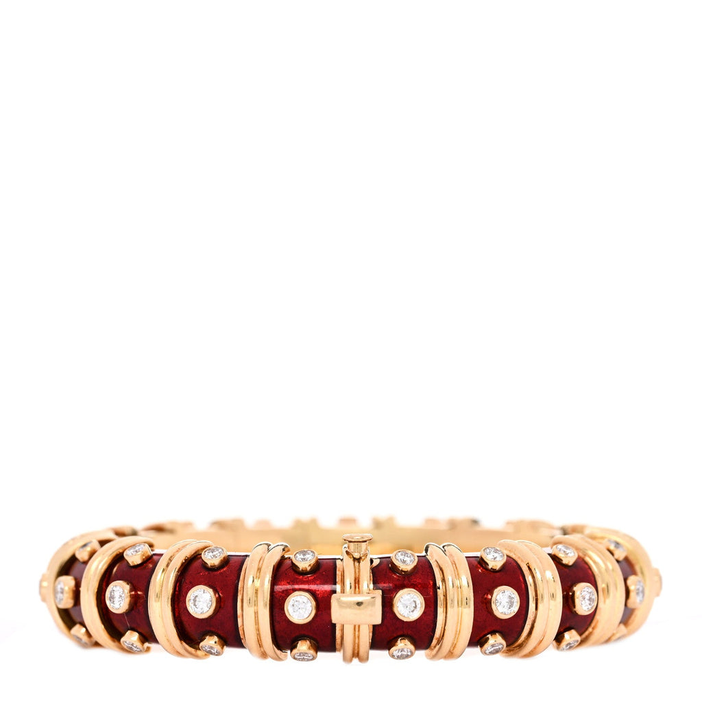 18K Yellow Gold Enamel Diamond Schlumberger Bracelet Red