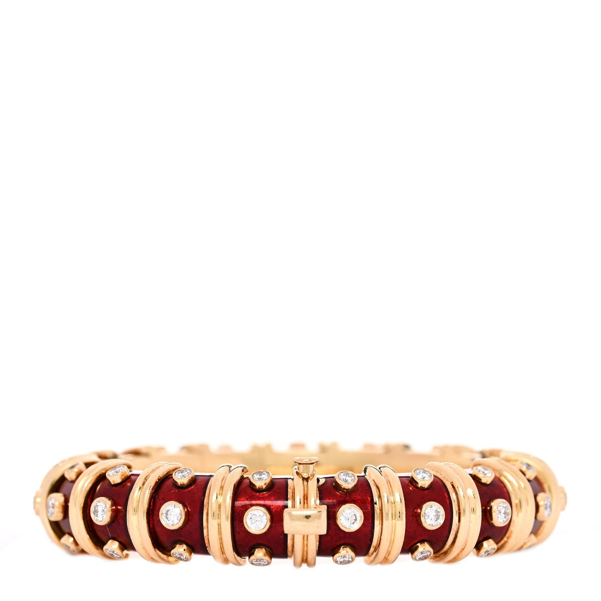 18K Yellow Gold Enamel Diamond Schlumberger Bracelet Red