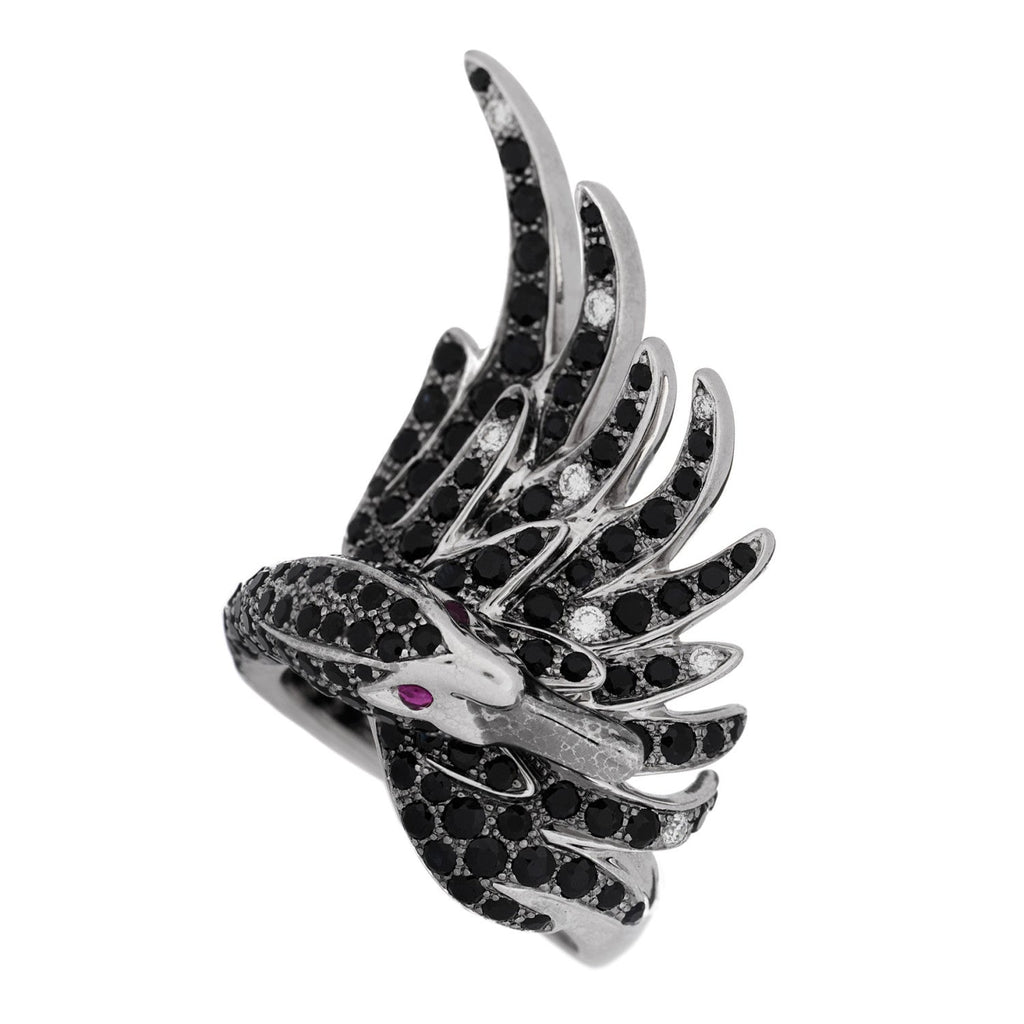 18K White Gold Diamond Black Sapphire Ruby Cypris Swan Ring 52 6