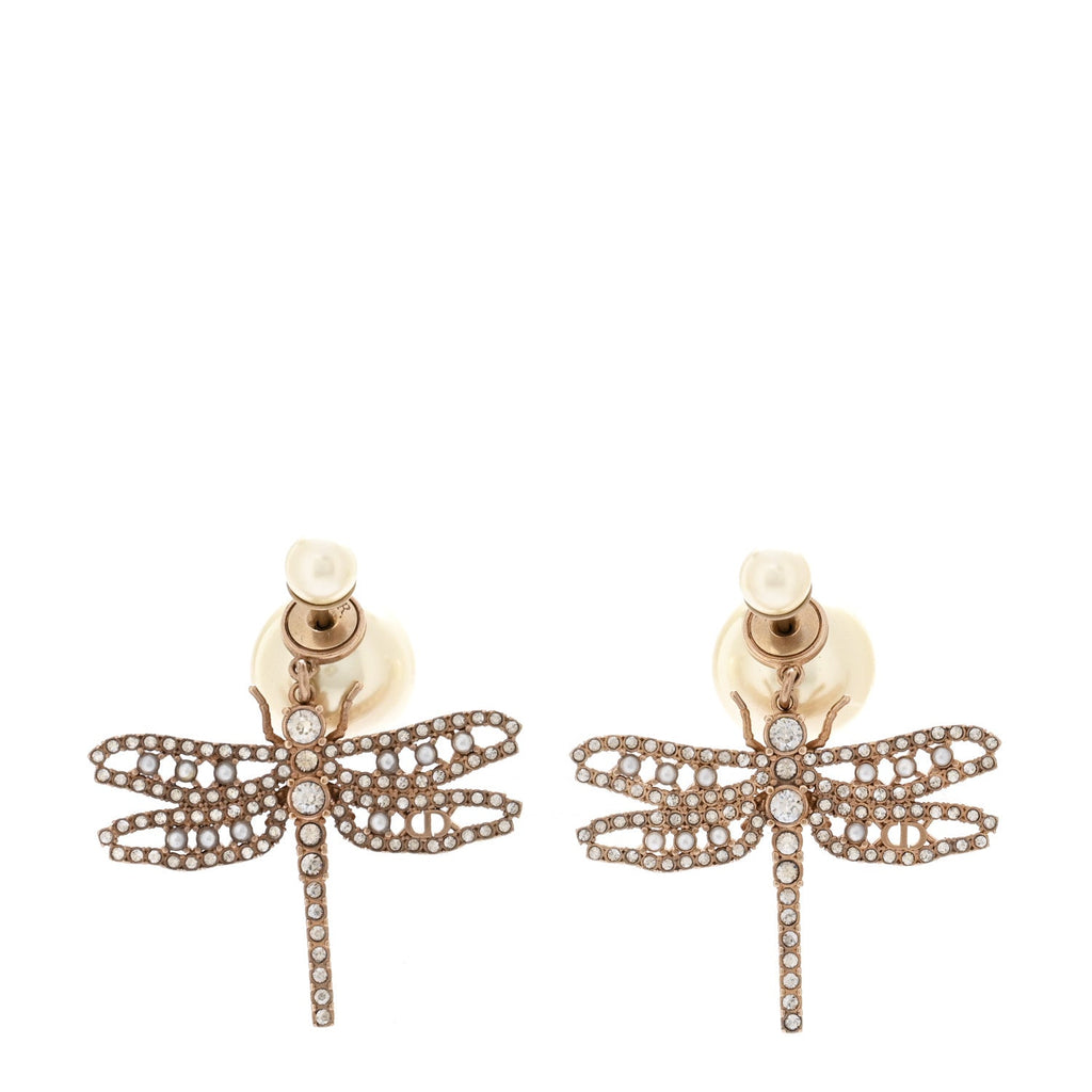 Crystal Pearl Dragonfly Drop Earrings White
