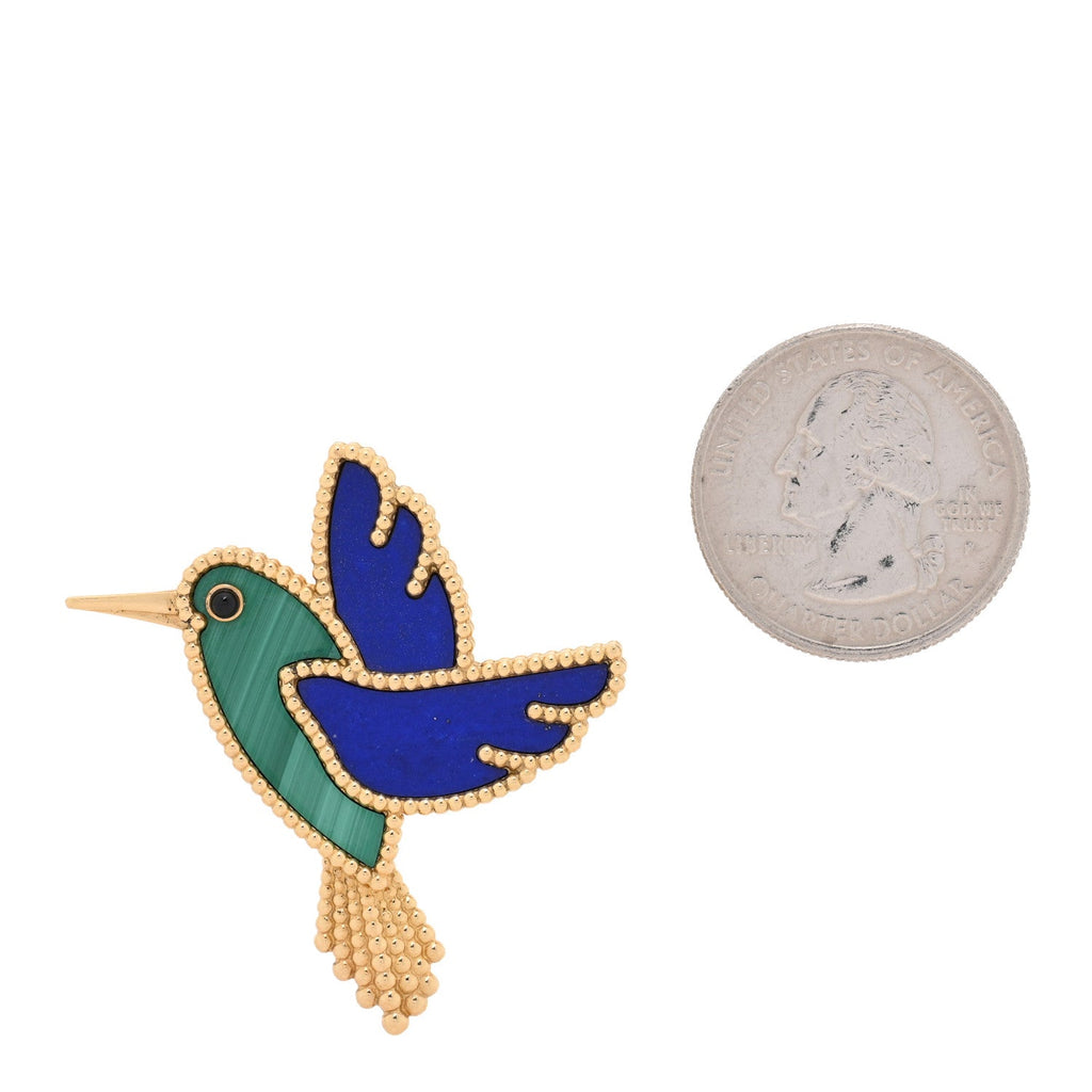 18K Yellow Gold Lapis Lazuli Malachite Black Onyx Humming Bird Brooch Pin