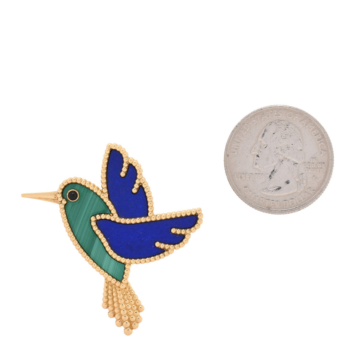 18K Yellow Gold Lapis Lazuli Malachite Black Onyx Humming Bird Brooch Pin