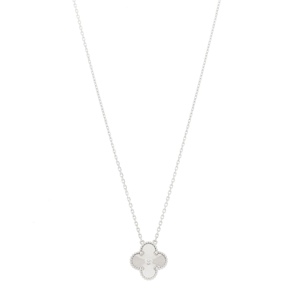 18K White Gold Diamond Guilloche Vintage Alhambra Pendant Necklace