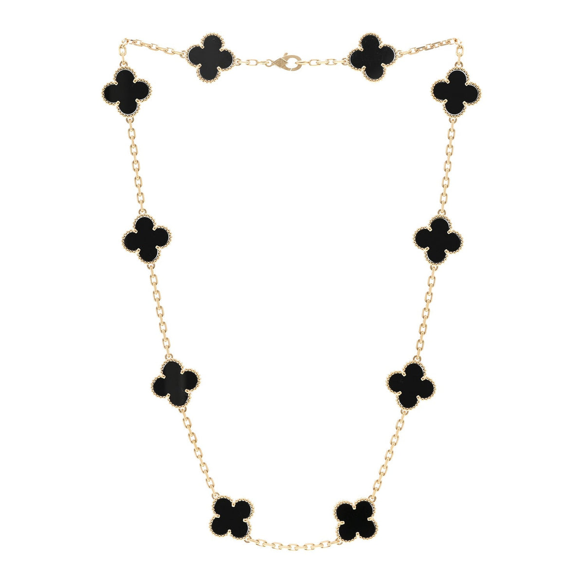 18K Yellow Gold Black Onyx 10 Motifs Vintage Alhambra Necklace