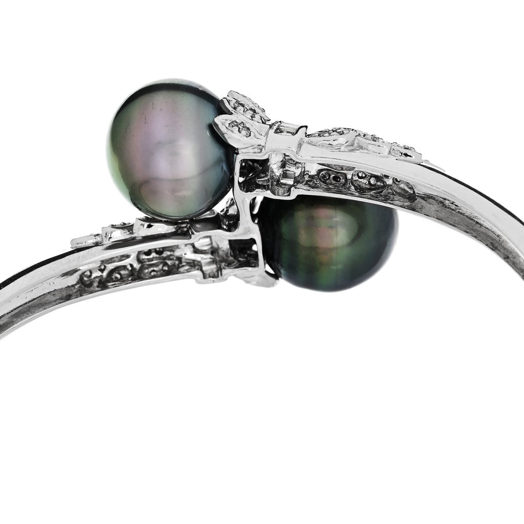 14K White Gold Diamond Black Cultured Pearl .64ct Bypass Bracelet