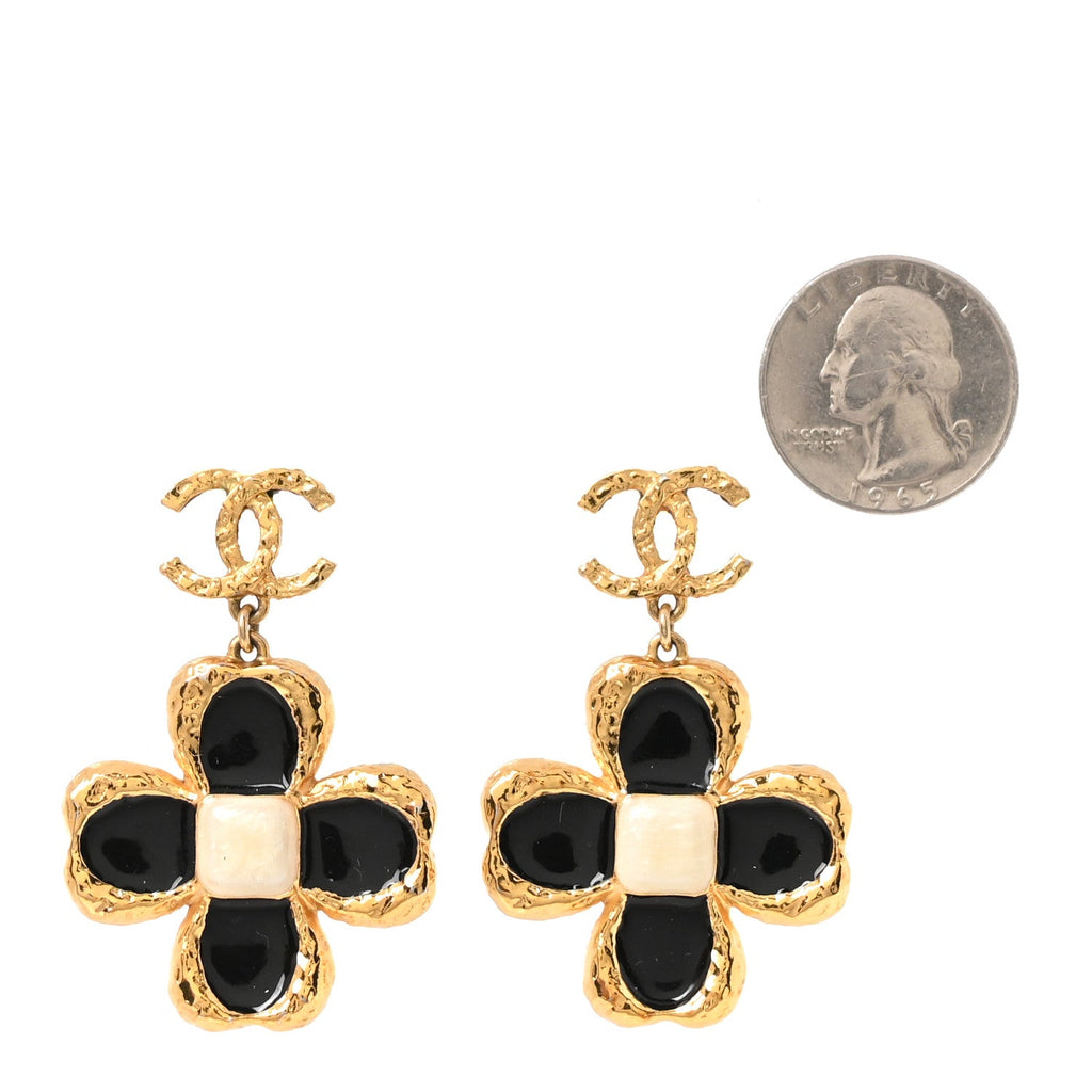 Resin Metal Glass CC Clover Drop Earrings Gold Black White