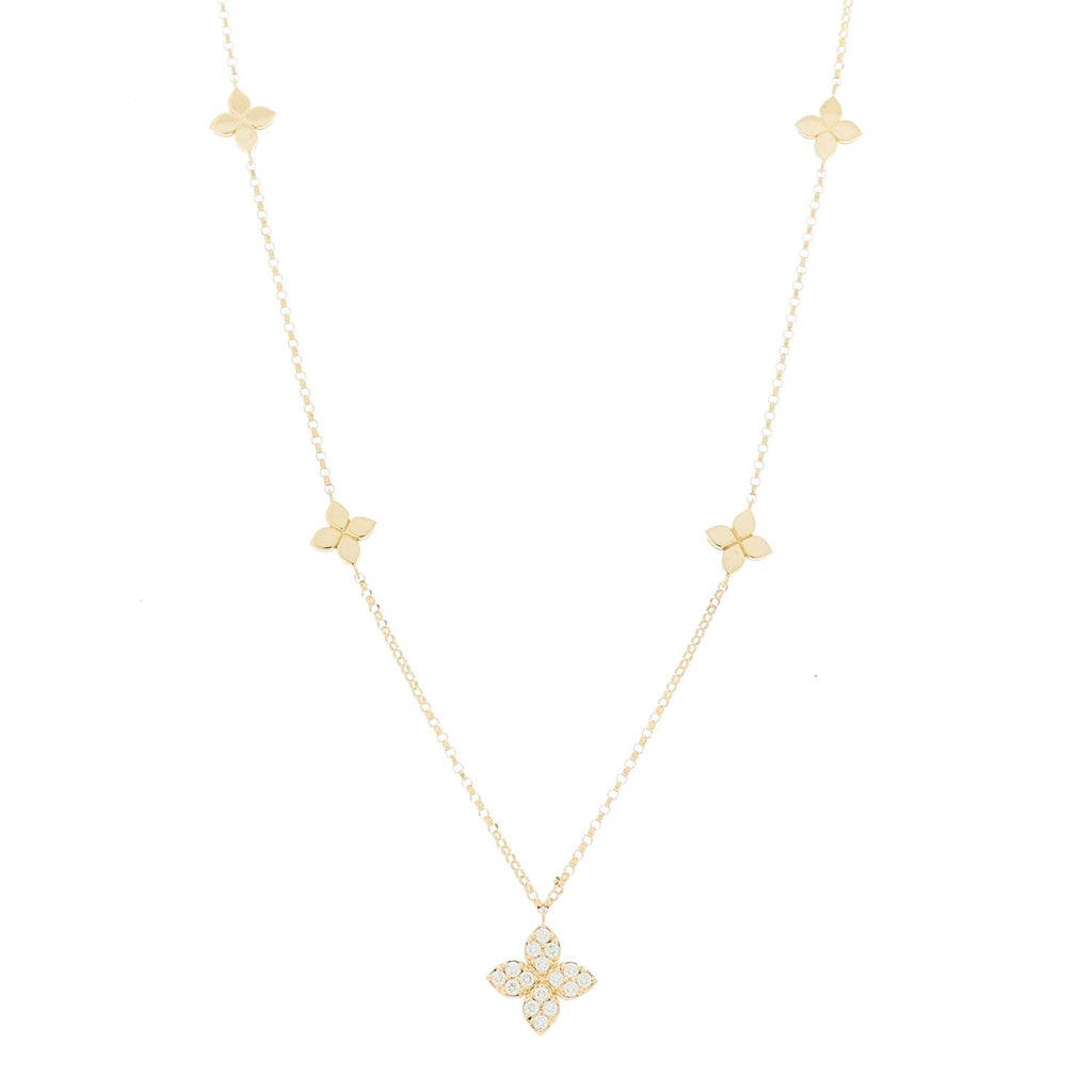 18K Yellow Gold Diamond Princess Flower Charm Station Necklace