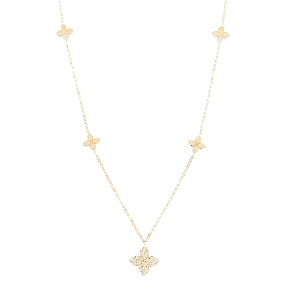 18K Yellow Gold Diamond Princess Flower Charm Station Necklace