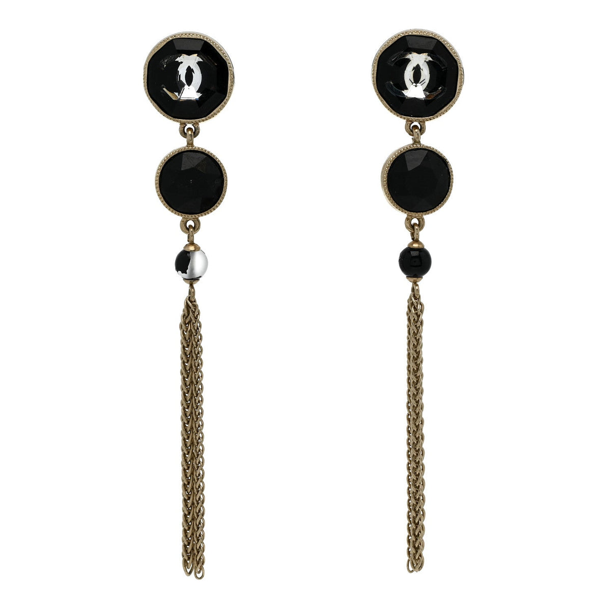 Crystal CC Chain Tassel Drop Earrings Gold Black