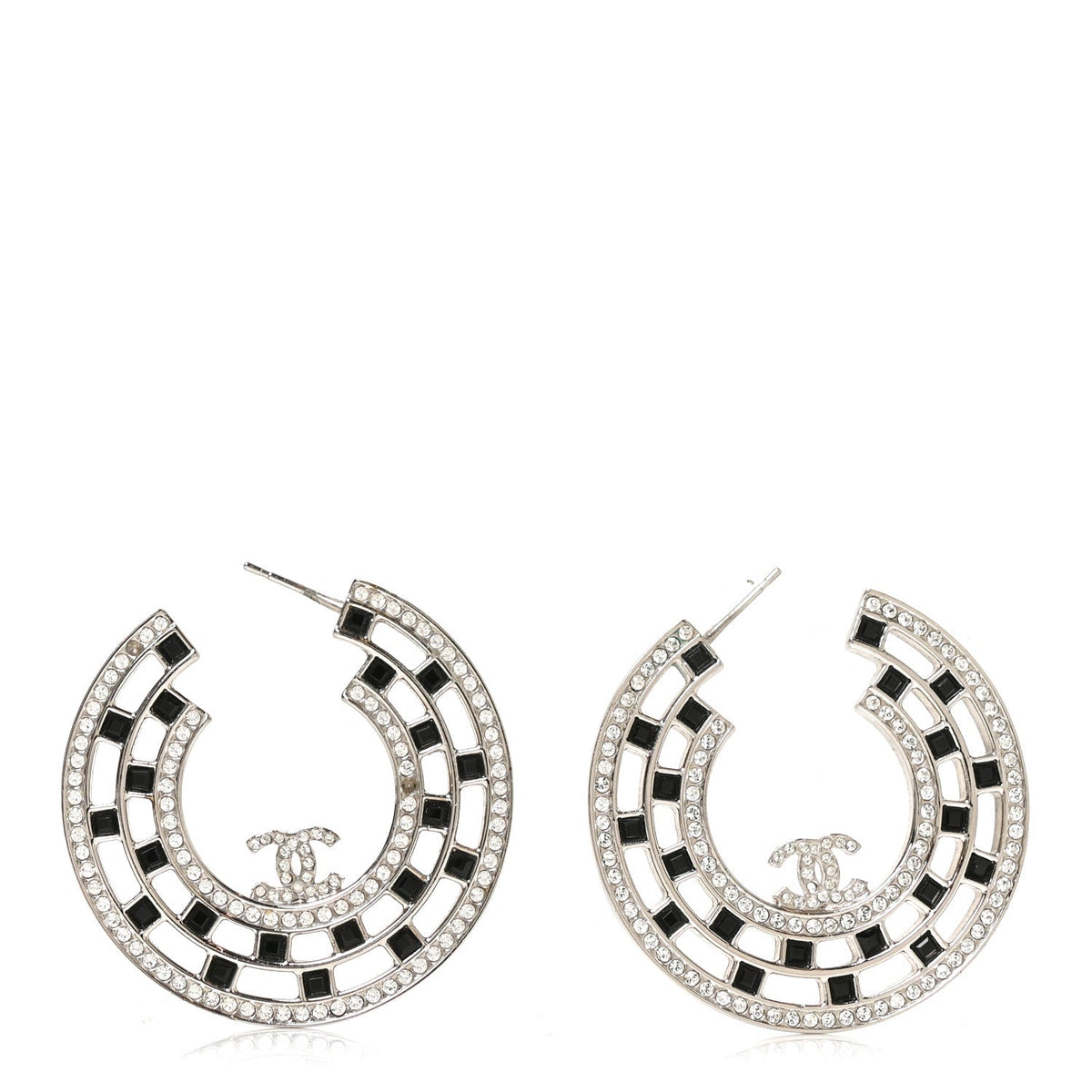 Baguette Crystal CC Hoop Earrings Silver Black