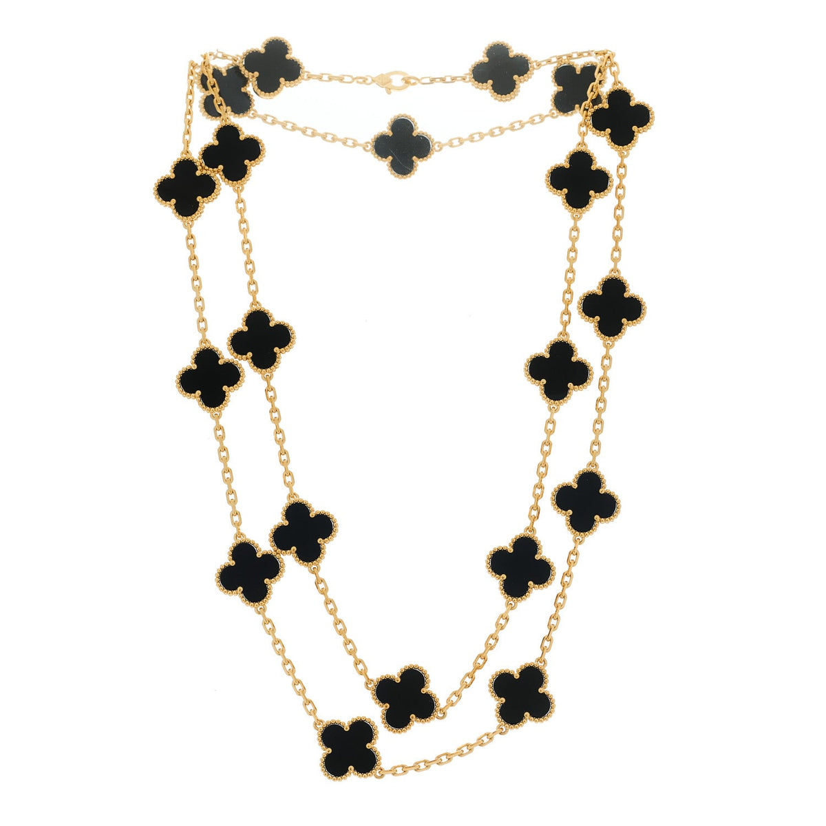 18K Yellow Gold Black Onyx 20 Motifs Vintage Alhambra Necklace