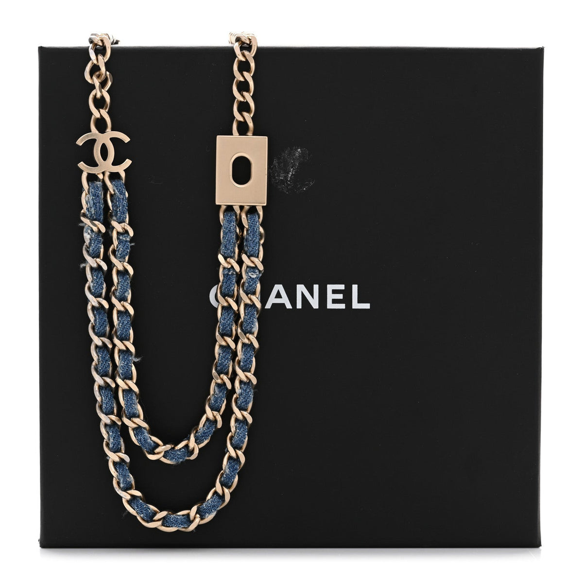 Metal Denim CC Double Chain Necklace Blue Gold