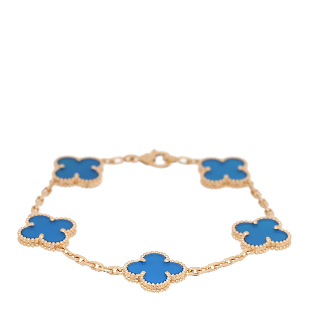 18K Yellow Gold Blue Agate 5 Motifs Vintage Alhambra Bracelet