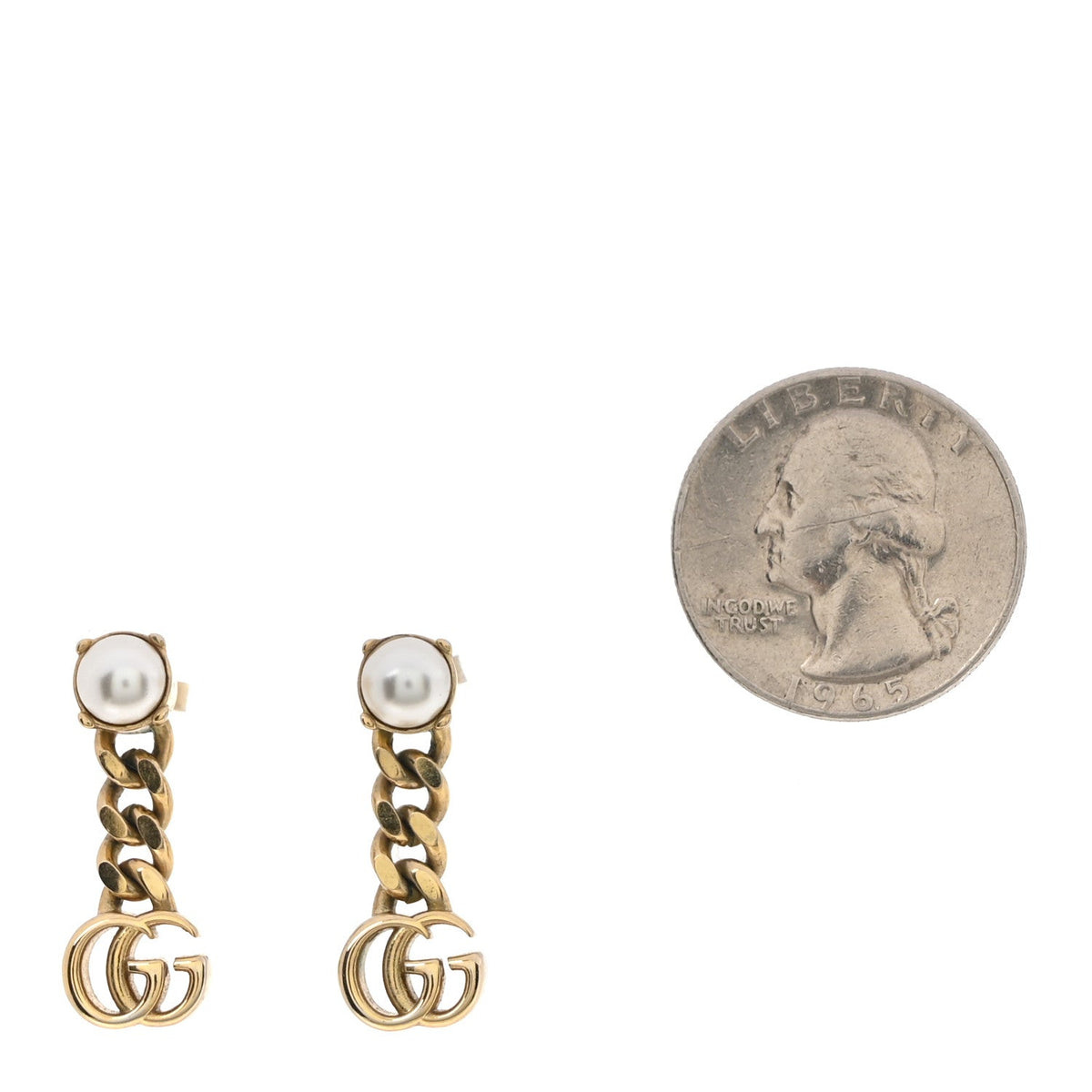 Metal Pearl Double G Chain Drop Earrings Gold