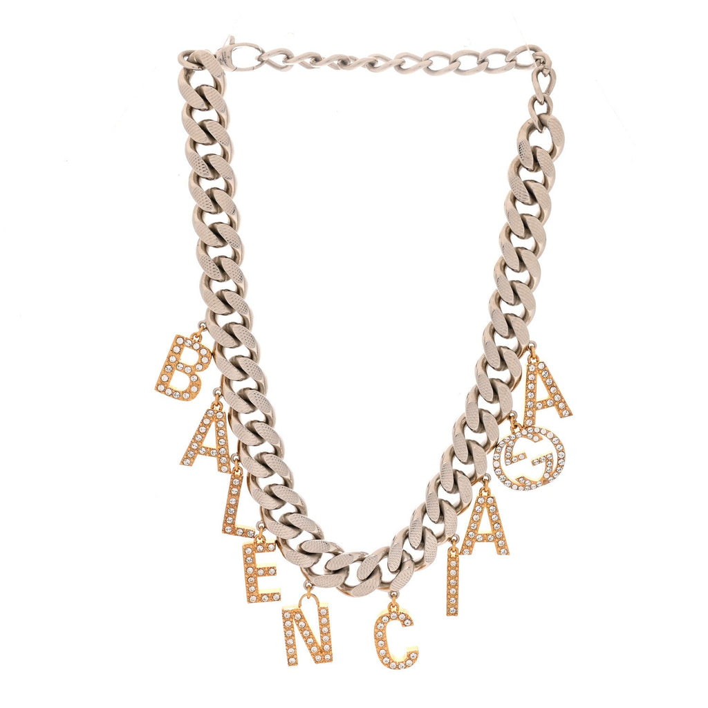X BALENCIAGA Crystal Script Short Necklace Silver Gold