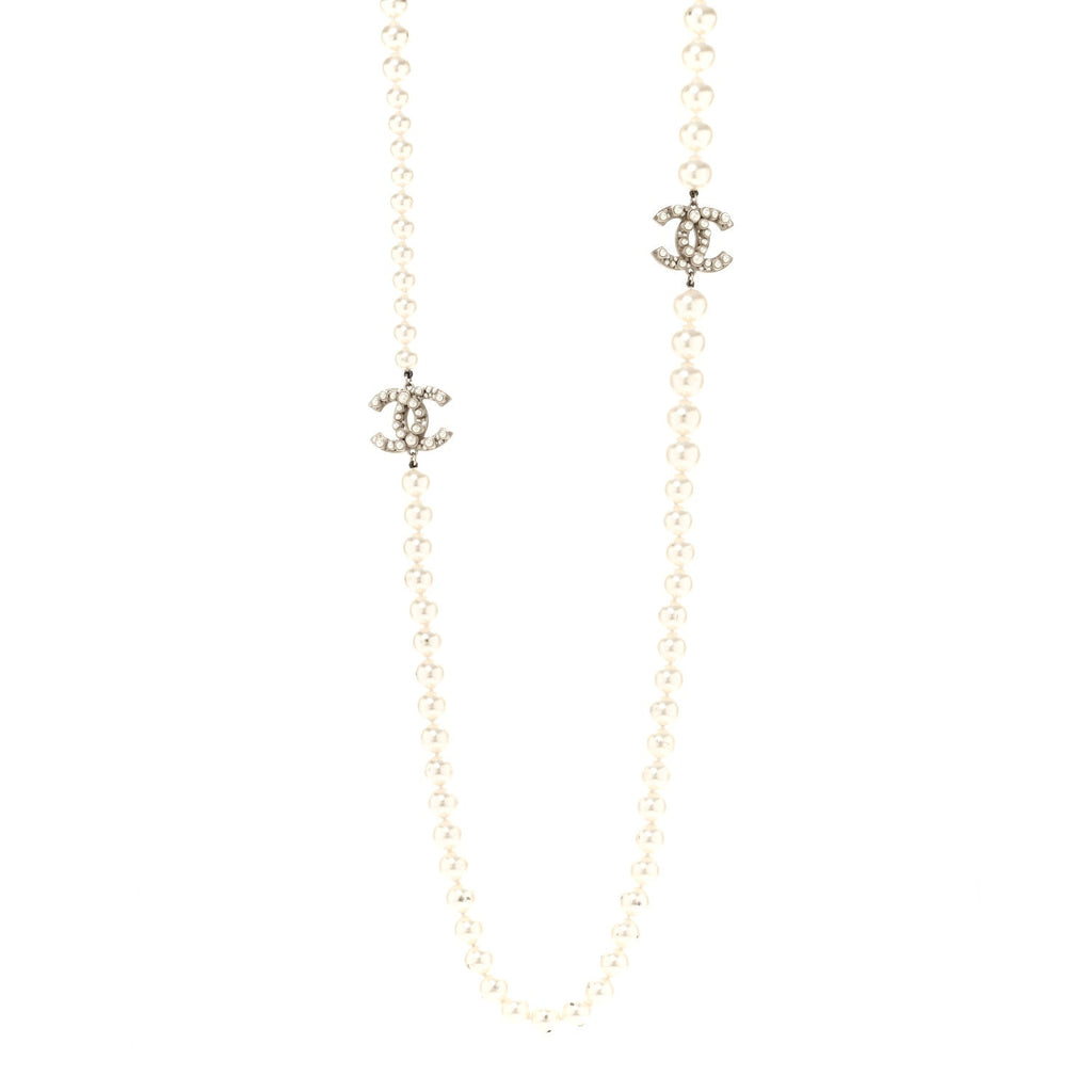 Crystal Pearl CC Long Necklace Gold