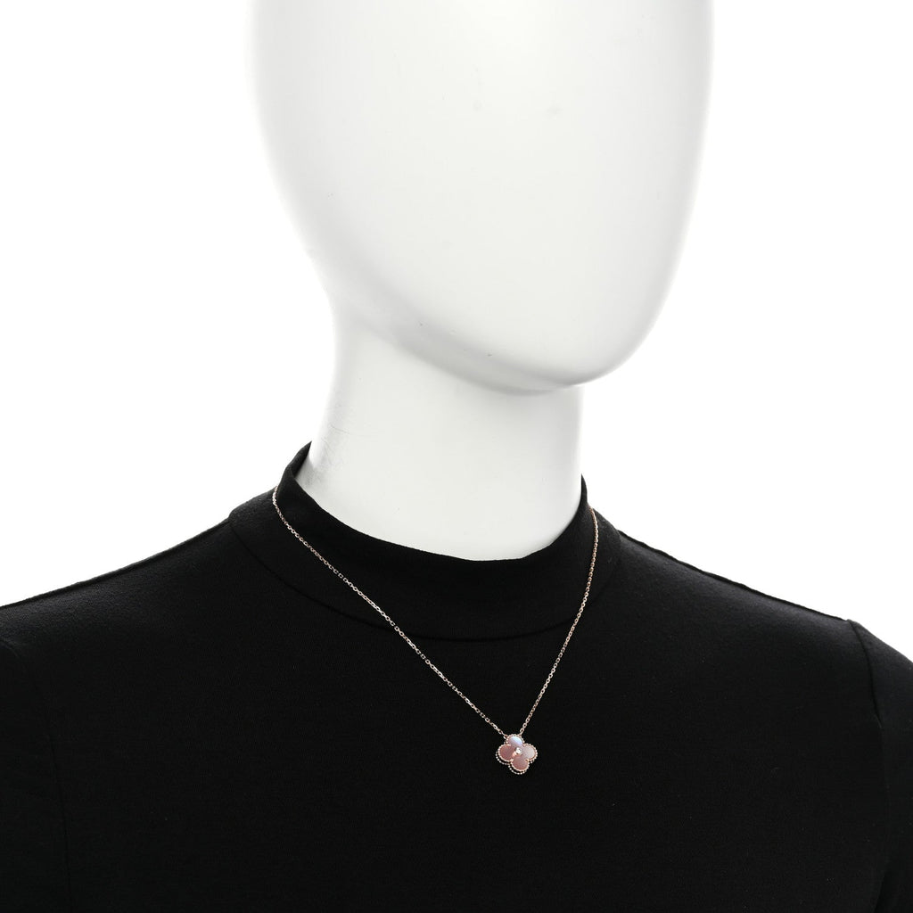 18K Rose Gold Diamond Pink Mother of Pearl Vintage Alhambra Pendant Necklace
