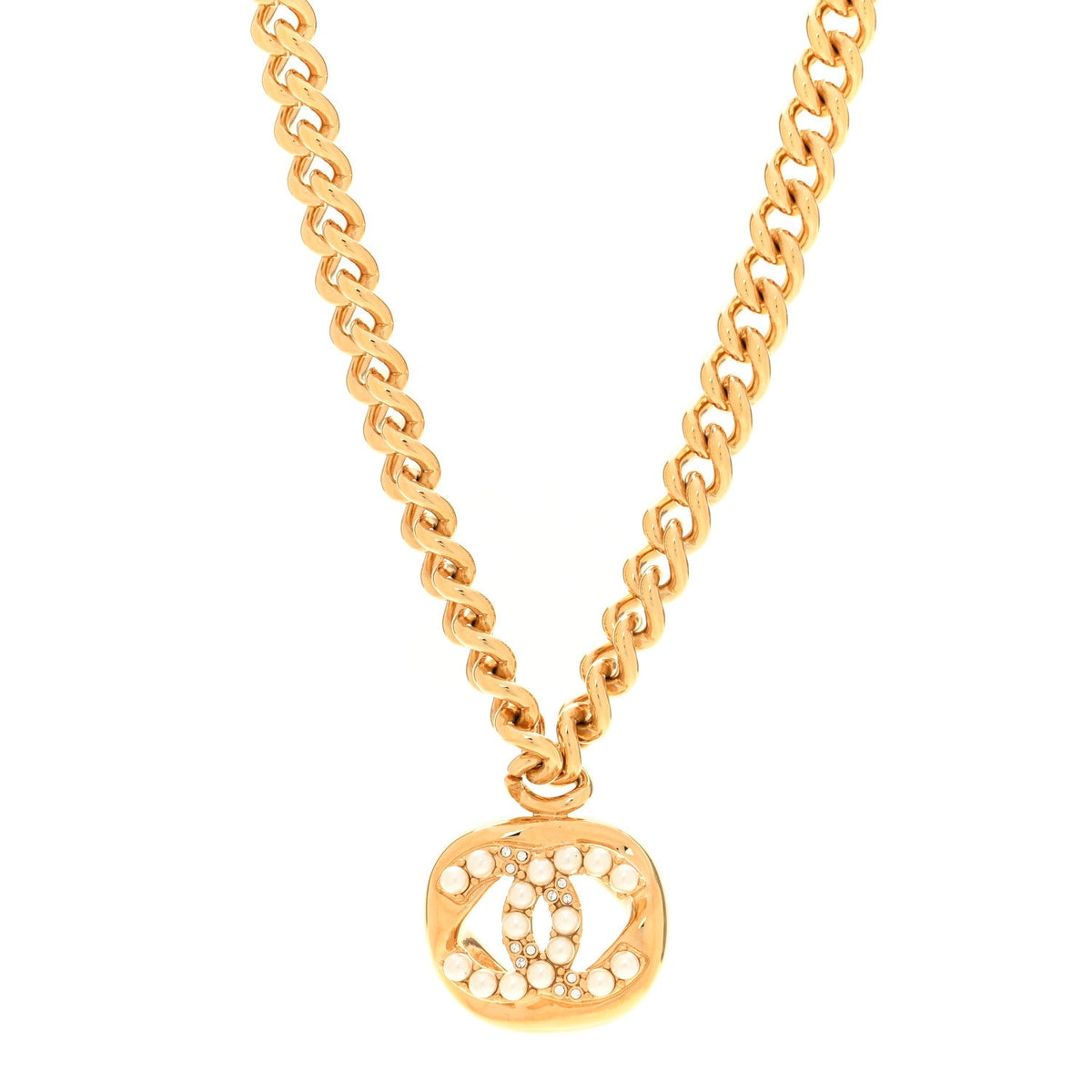 Metal Crystal Pearl Chain Link CC Necklace Gold