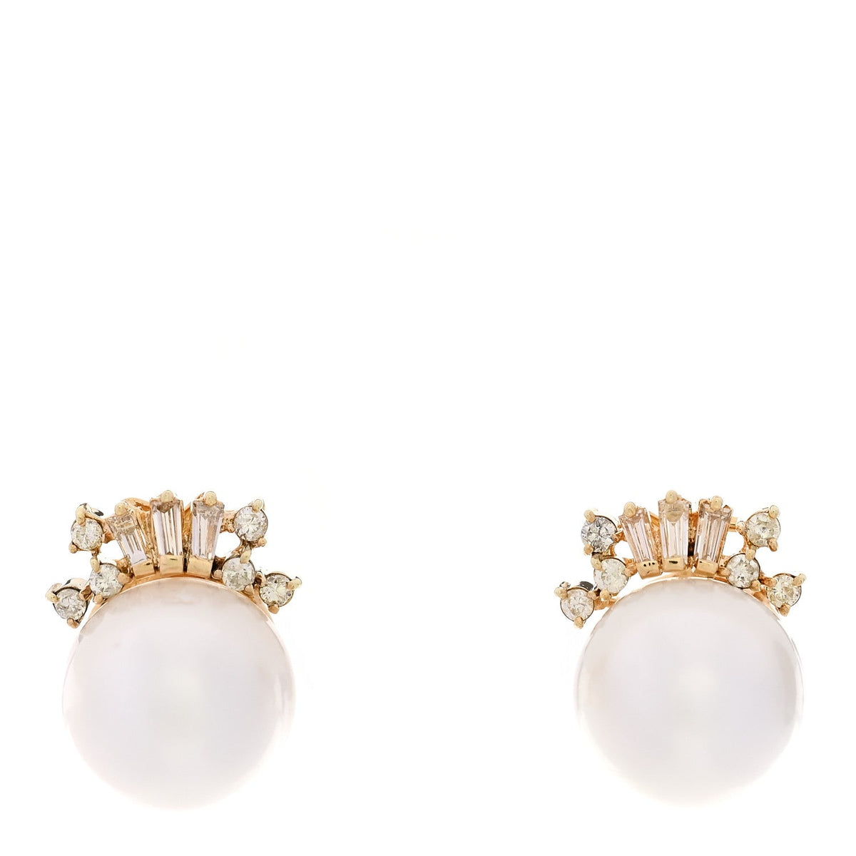 14K Yellow Gold Diamond Cultured Pearl 10.5-11mm Earrings