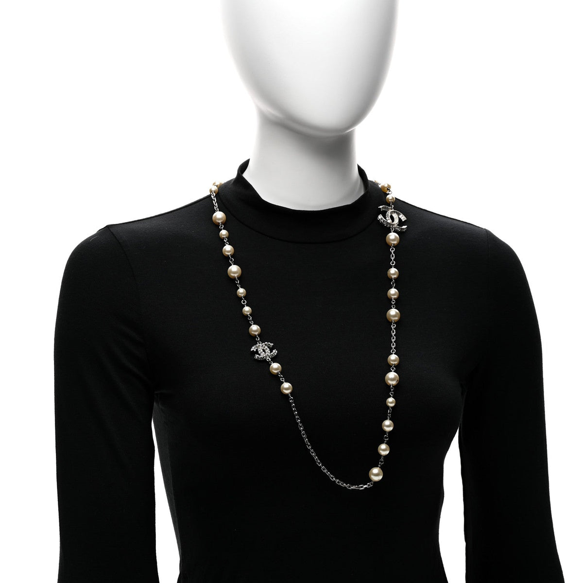 Graduated Pearl Crystal CC Long Necklace Silver