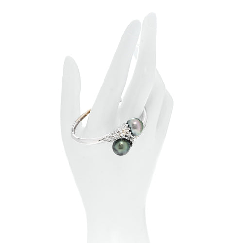 14K White Gold Diamond Black Cultured Pearl .64ct Bypass Bracelet