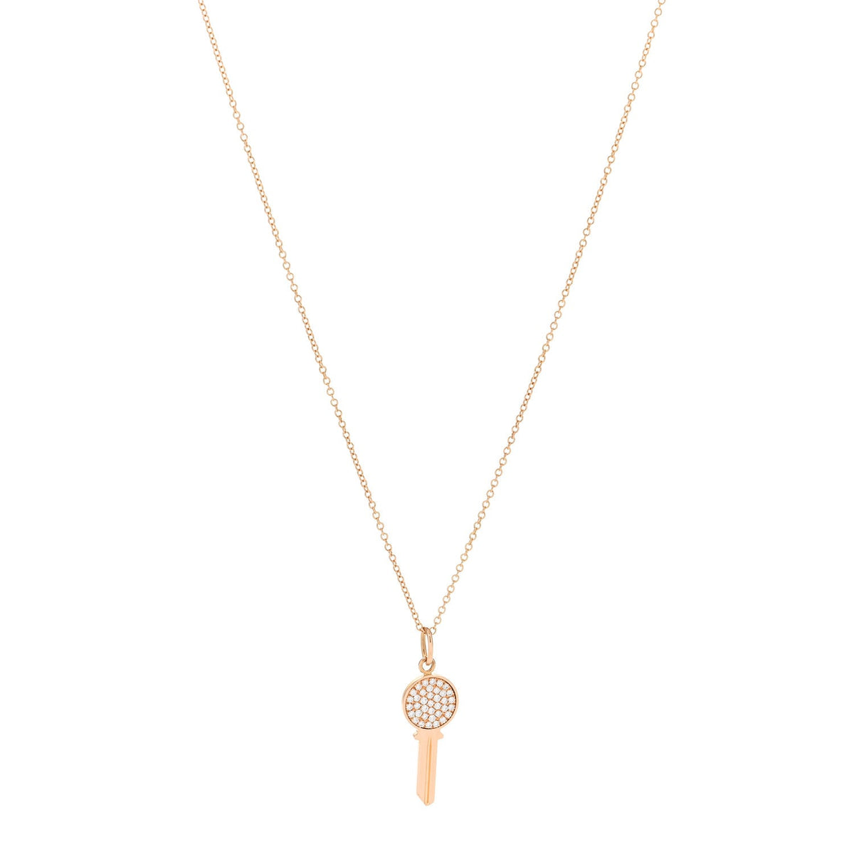 18K Rose Gold Diamond Mini Modern Keys Round Key Pendant Necklace