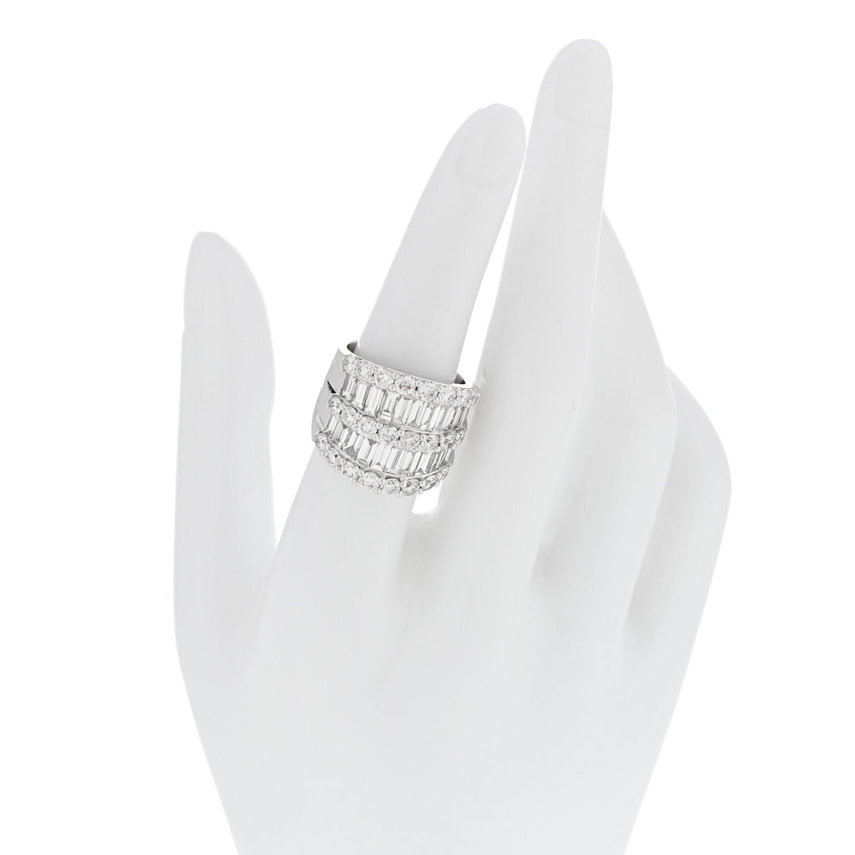 18K White Gold Diamond 4.12ctw Round Baguette Cut Five Row Band Ring 53 6.5
