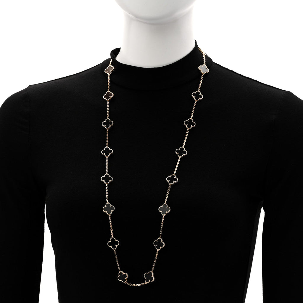 18K Yellow Gold Black Onyx 20 Motifs Vintage Alhambra Necklace