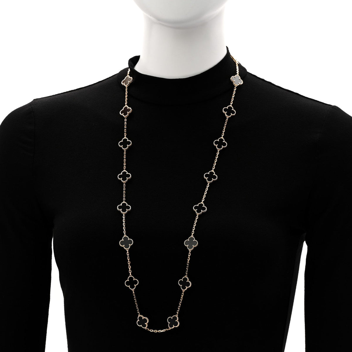 18K Yellow Gold Black Onyx 20 Motifs Vintage Alhambra Necklace
