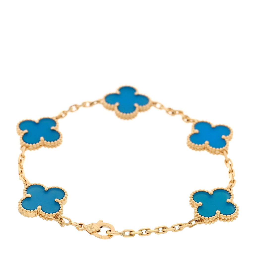 18K Yellow Gold Blue Agate 5 Motifs Vintage Alhambra Bracelet