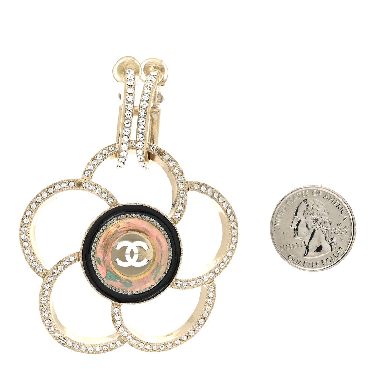 Resin Crystal CC Camellia Drop Single Clip On Earring Gold Black