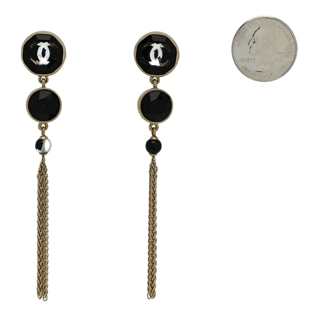 Crystal CC Chain Tassel Drop Earrings Gold Black