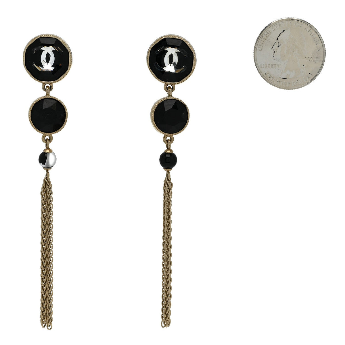 Crystal CC Chain Tassel Drop Earrings Gold Black