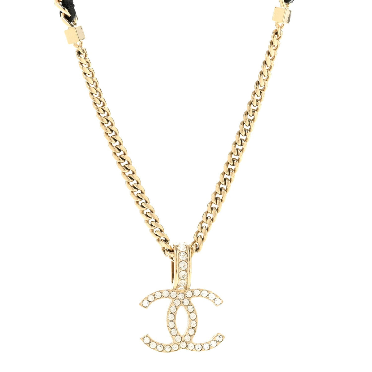 Lambskin Crystal CC Chain Pendant Necklace Black Gold