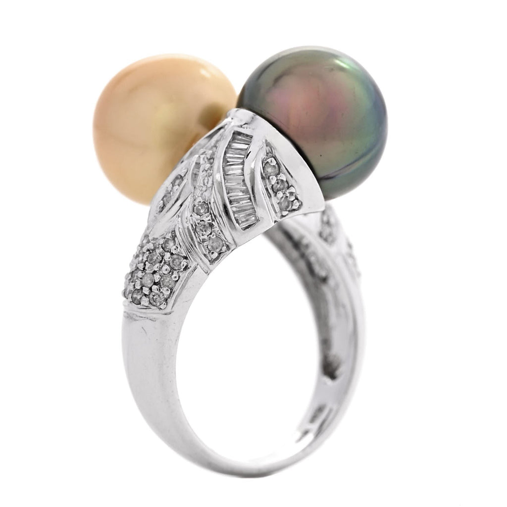 14K White Gold Diamond Gold Black Cultured Pearl .45ctw Bypass Ring 56 7.5