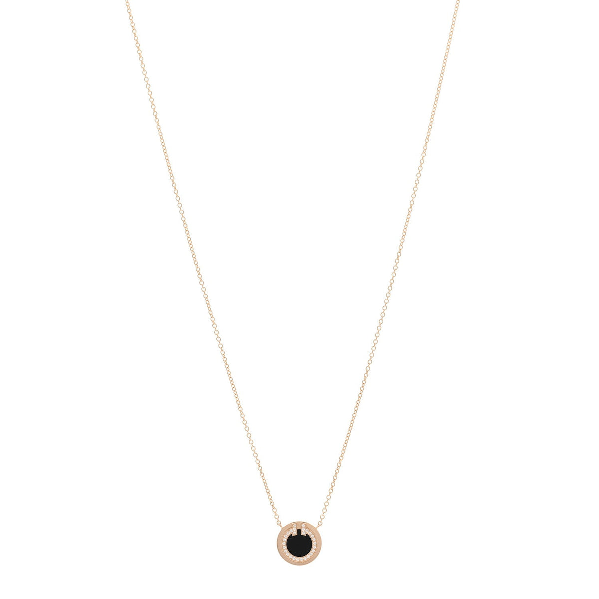 18K Rose Gold Diamond Black Onyx Small T Circle Pendant Necklace