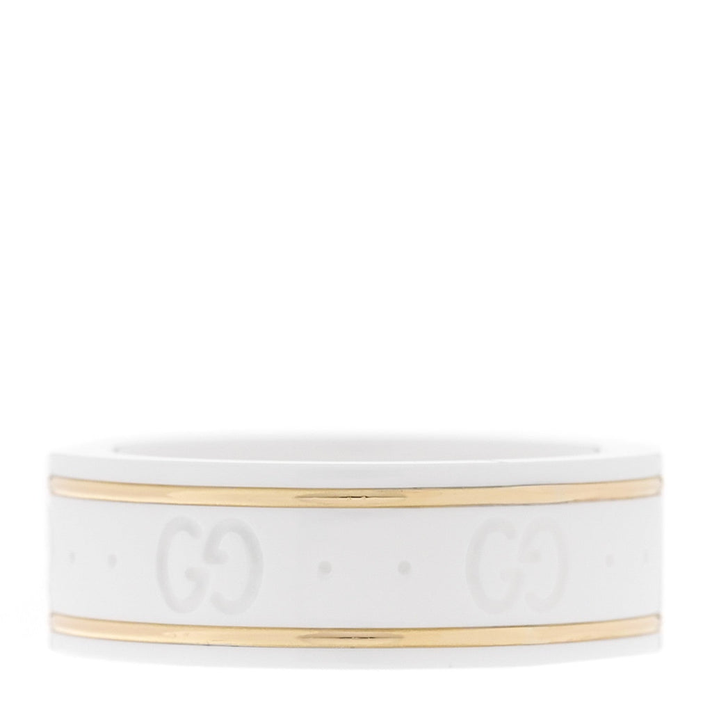 18K Yellow Gold Ceramic Icon Band Ring 53 6.25 White