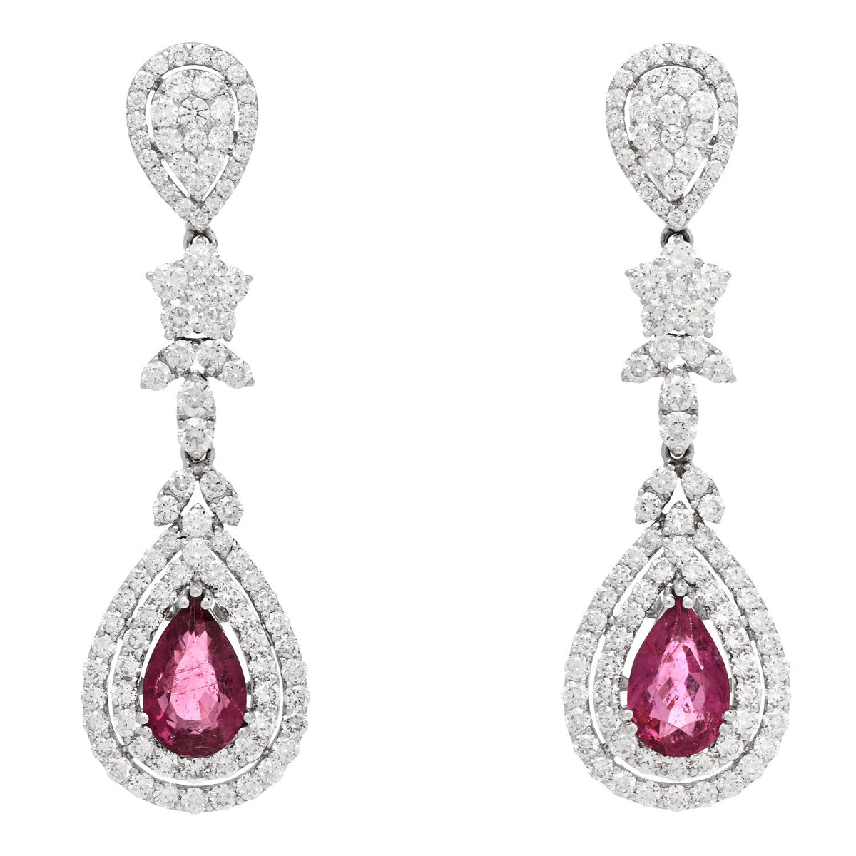 14K White Gold Diamond 4.40ctw Rubellite Pear Cut Drop Earrings