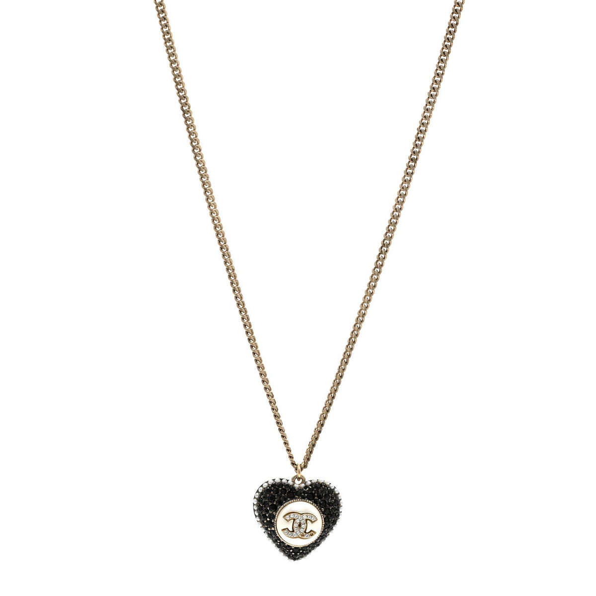 Pearl Crystal CC Heart Necklace Gold Pearly White Black