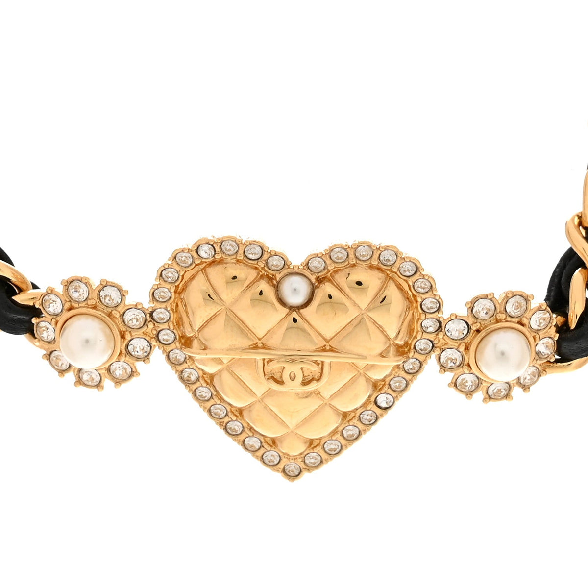 Metal Lambskin Glass Pearl Strass Heart Choker Gold Black