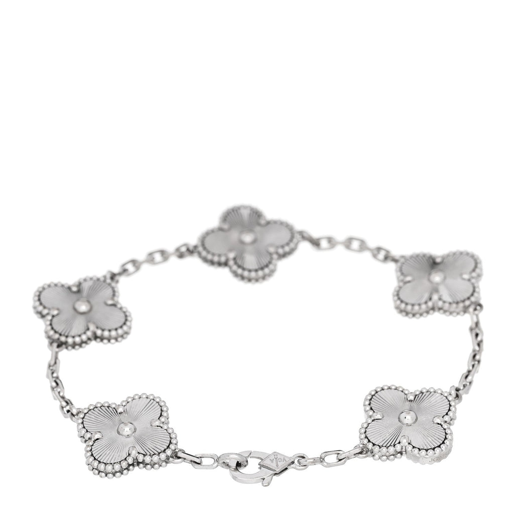18K White Gold 5 Motifs Guilloche Vintage Alhambra Bracelet